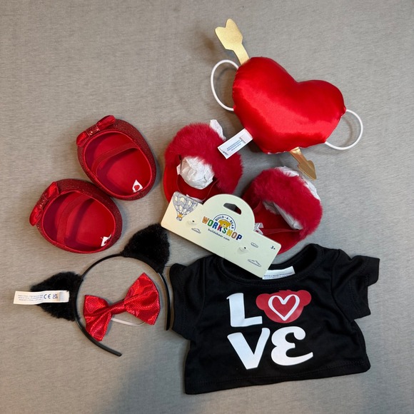 Build-A-Bear Workshop Other - Build-A-Bear Valentine Love Shirt Red Glitter Shoes Fur Boots Heart Headband Lot